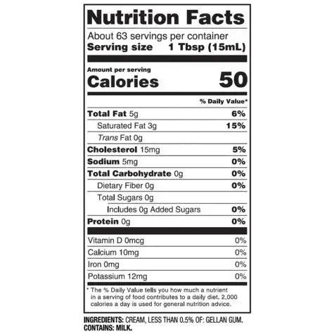 Nutrition facts label for Member's Mark Heavy Whipping Cream, detailing calories, fats, and other nutrients per serving.