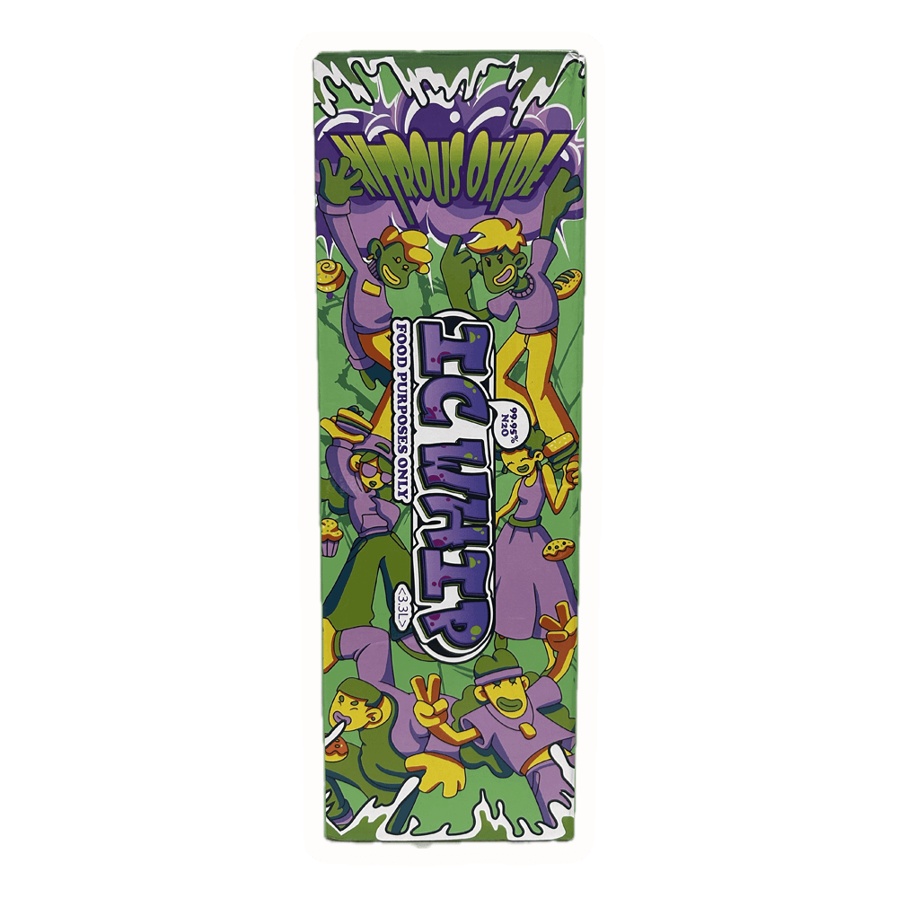 IC Whip whipped cream charger packaging design featuring colorful graphics and nitrous oxide theme.