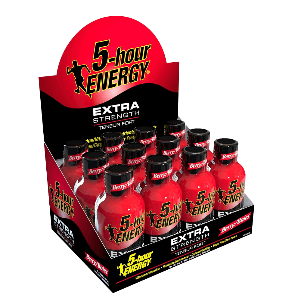 Display box of 5-hour Energy - Extra Strength from Vegas Party Favors, featuring bold berry flavor. Each small red bottle is high in caffeine, sugar-free, and has a black cap with labels showcasing the brand logo and energy silhouette. Available as a 12 pack.