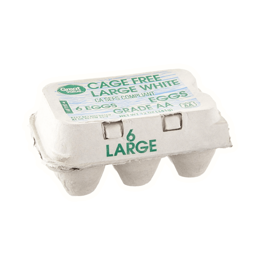 Great Value Cage Free Large White Eggs package, 6 count, Grade AA, keeping refrigerated for freshness and quality.