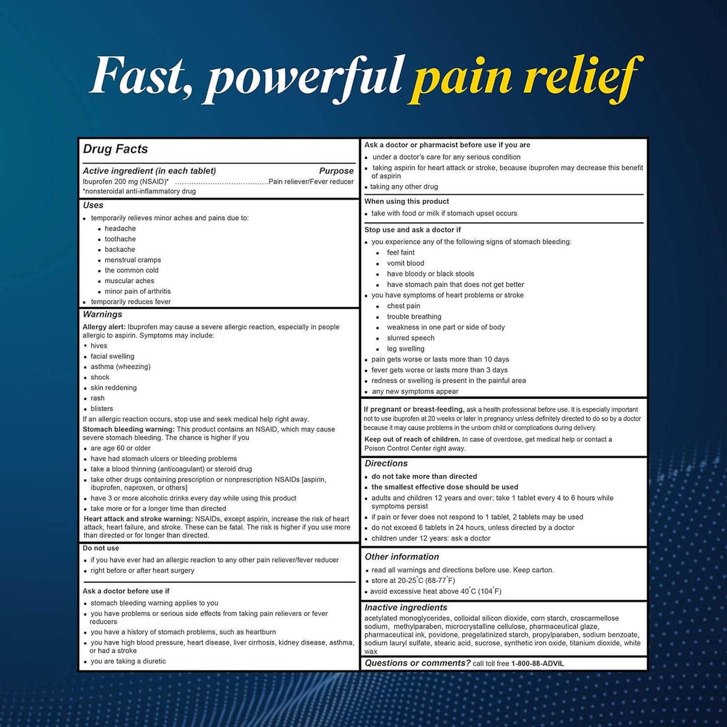 Image depicting a medication label titled Fast, powerful pain relief with Advil Pain Reliever and Fever Reducer, Ibuprofen 200mg. The structured format includes drug facts, active ingredients, uses, warnings, and directions against a soothing blue background. Brand Name: Vegas Party Favors.
