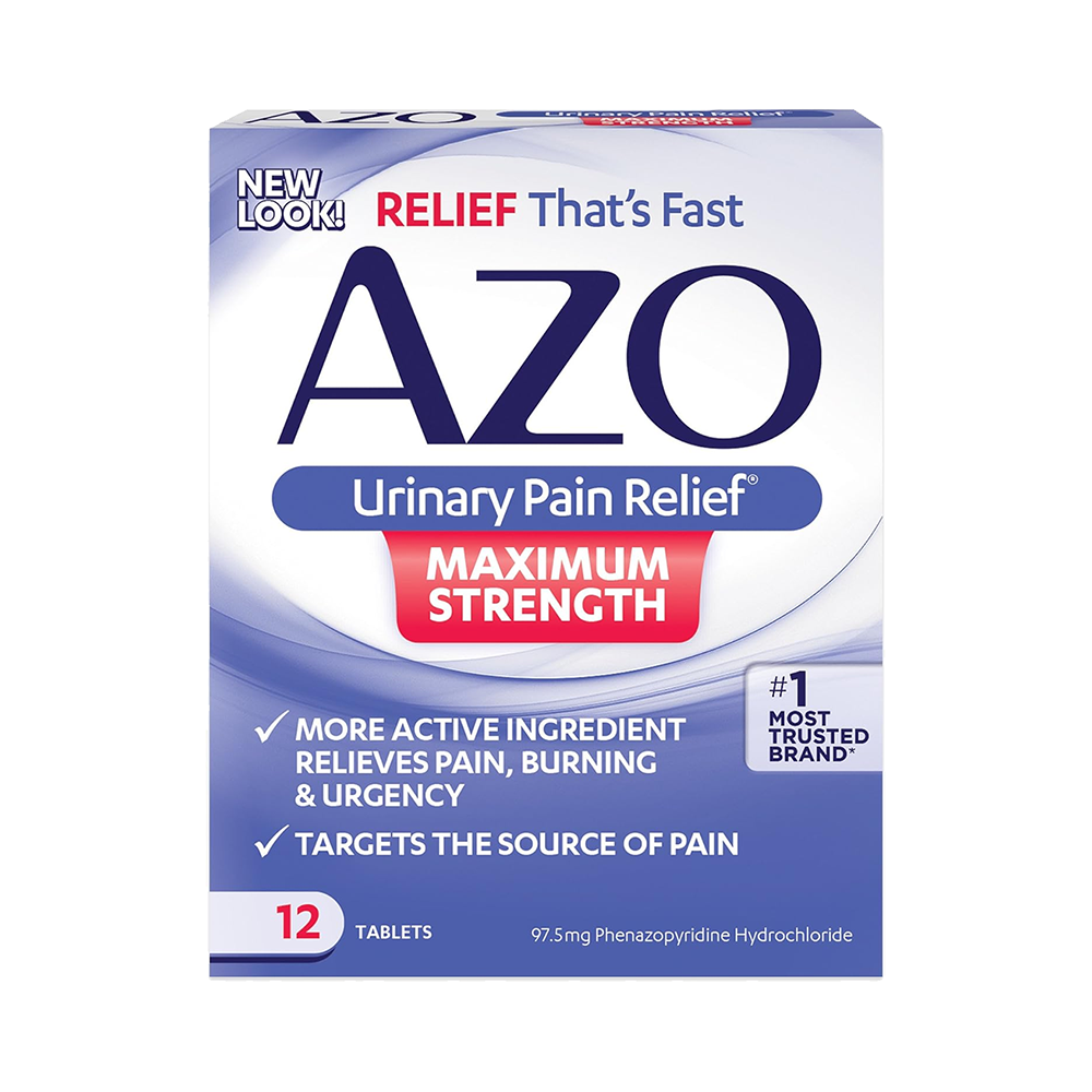 Box of Azo Urinary Pain Relief Max Strength by Vegas Party Favors offers fast urinary pain relief with 97.5mg Phenazopyridine Hydrochloride. Contains 12 tablets, features a new look, and is the #1 trusted brand for pain relief.