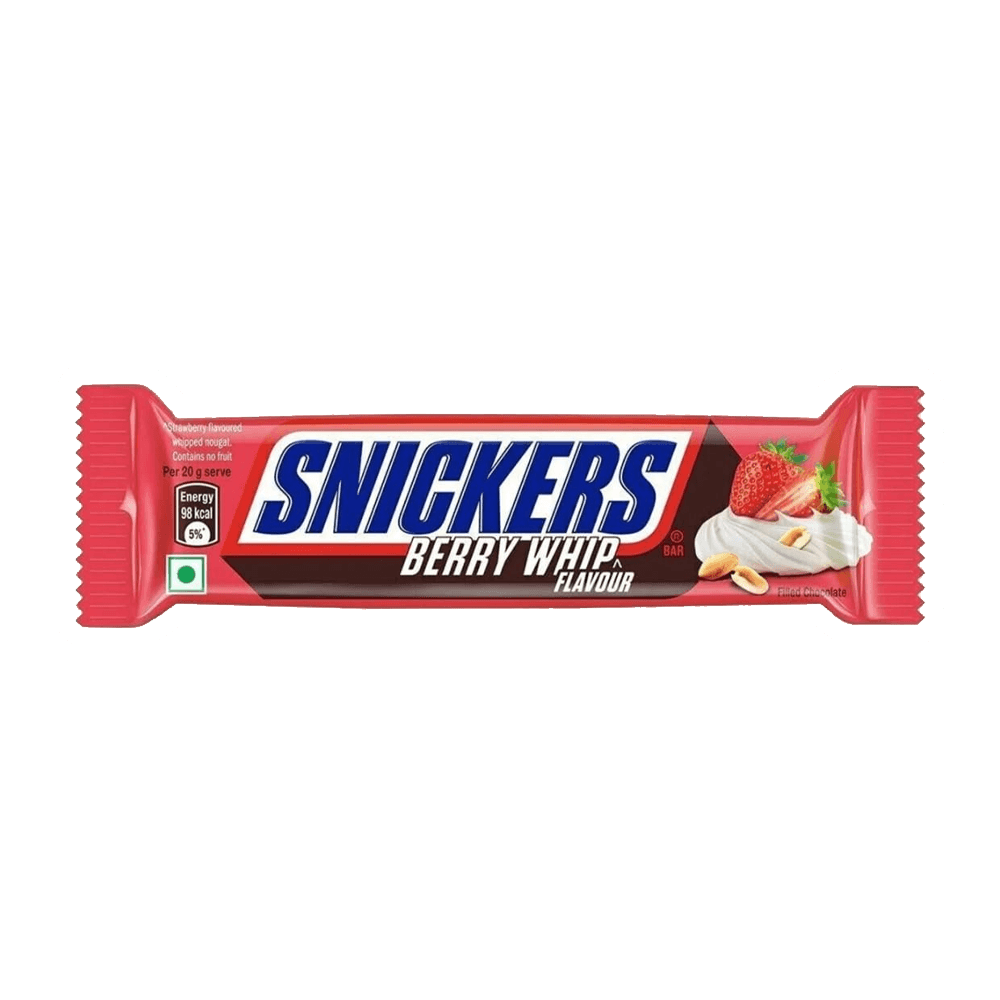 Snickers Berry Whip bar featuring strawberry flavor with milk chocolate coating and peanuts.