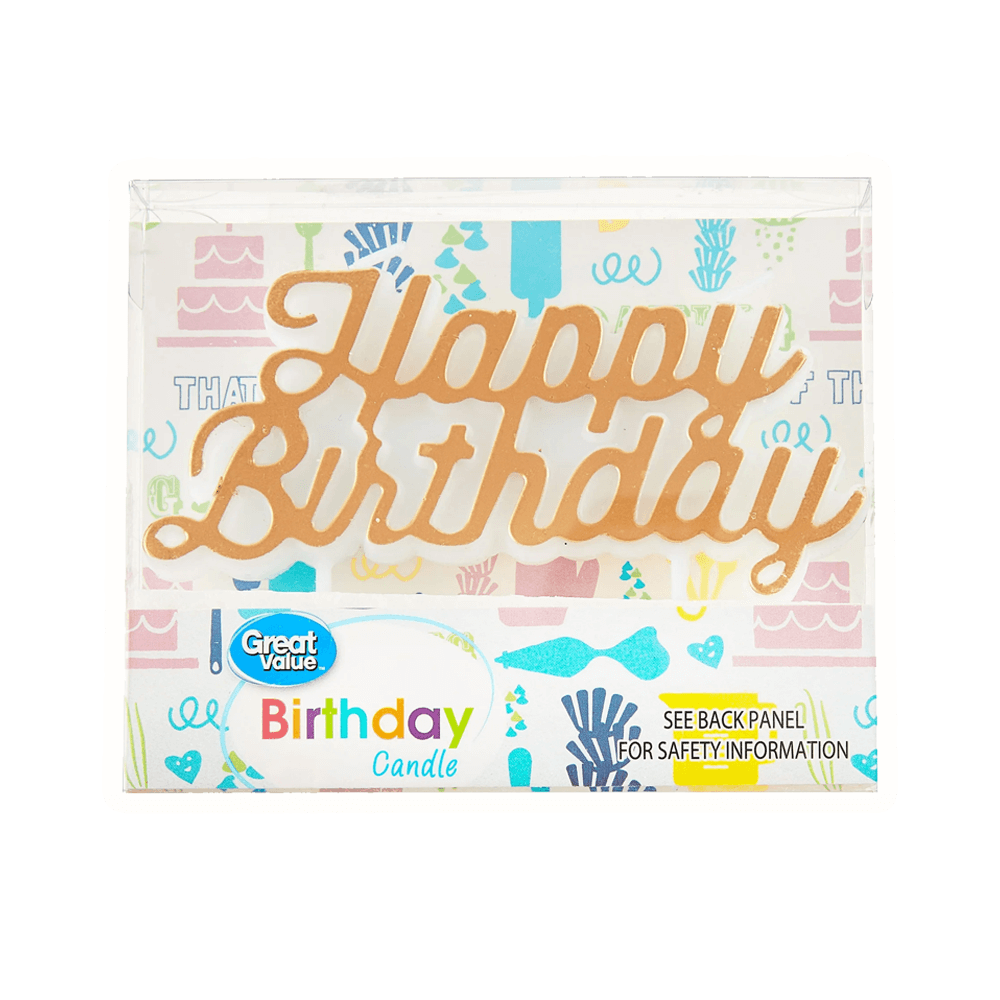 Great Value gold birthday candle reading 'Happy Birthday' ideal for cake decoration, featuring two wicks.