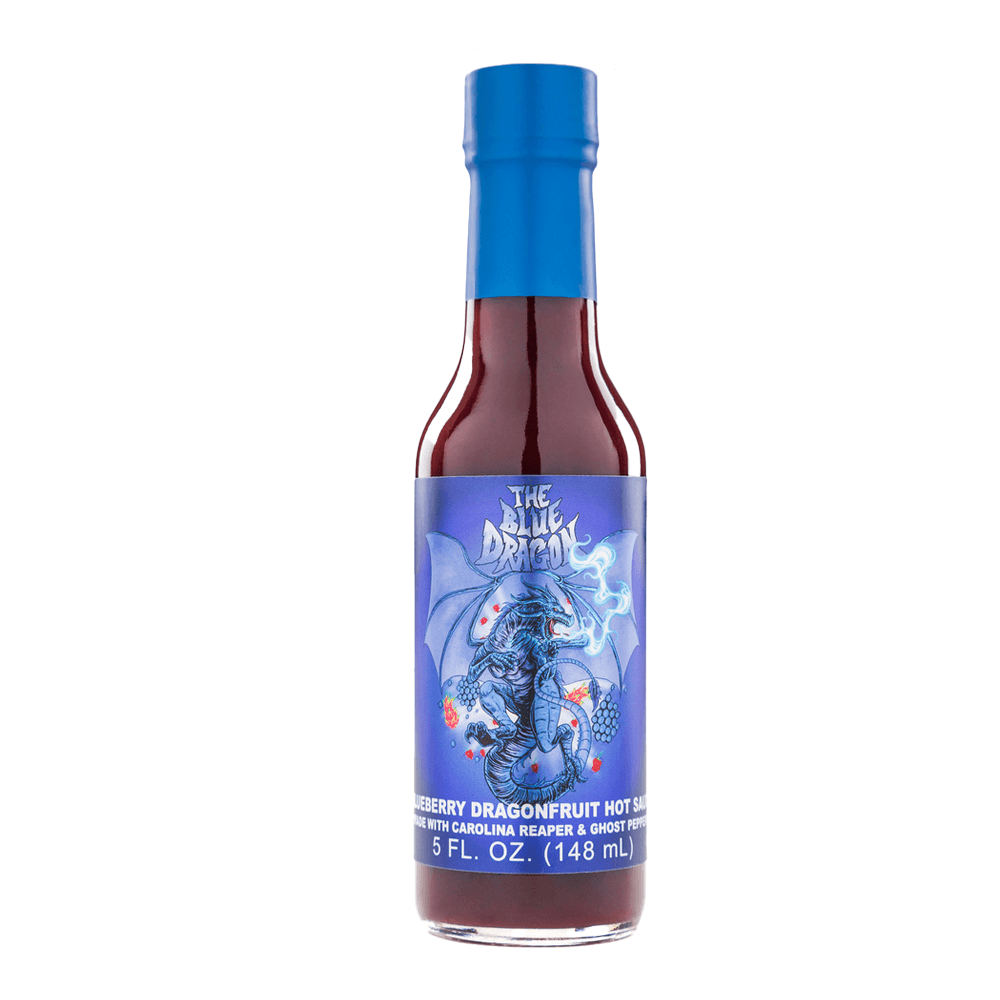 Fred's Hot Sauce Blue Dragon 5oz bottle showcasing blueberry and dragonfruit flavor with a fiery design.