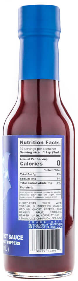 Fred's Hot Sauce Blue Dragon 5oz bottle showing nutrition facts and ingredient list.