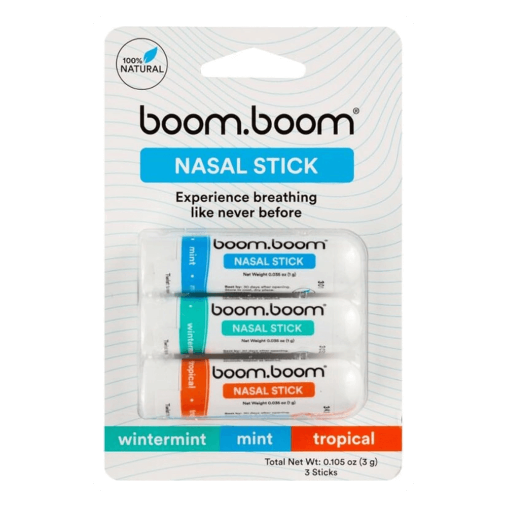 The BoomBoom Nasal Stick 3 Pack by Vegas Party Favors offers a fresh, cooling sensation with mint, wintermint, and tropical scents. These 100% natural aromatherapy inhalers enhance breathing and boost focus through essential oils and menthol for a refreshing experience.