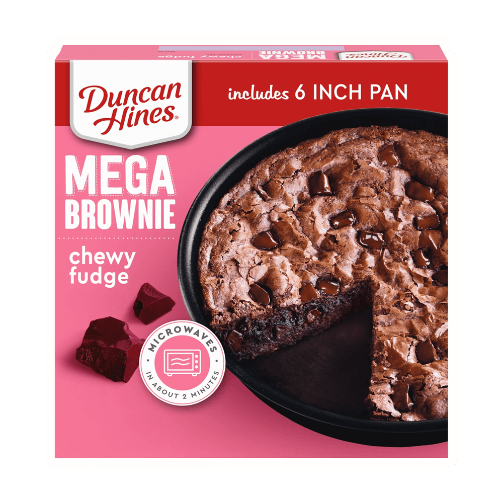 Duncan Hines Mega Chewy Fudge Brownie Mix box with 6-inch pan, perfect for quick and easy delicious brownies.