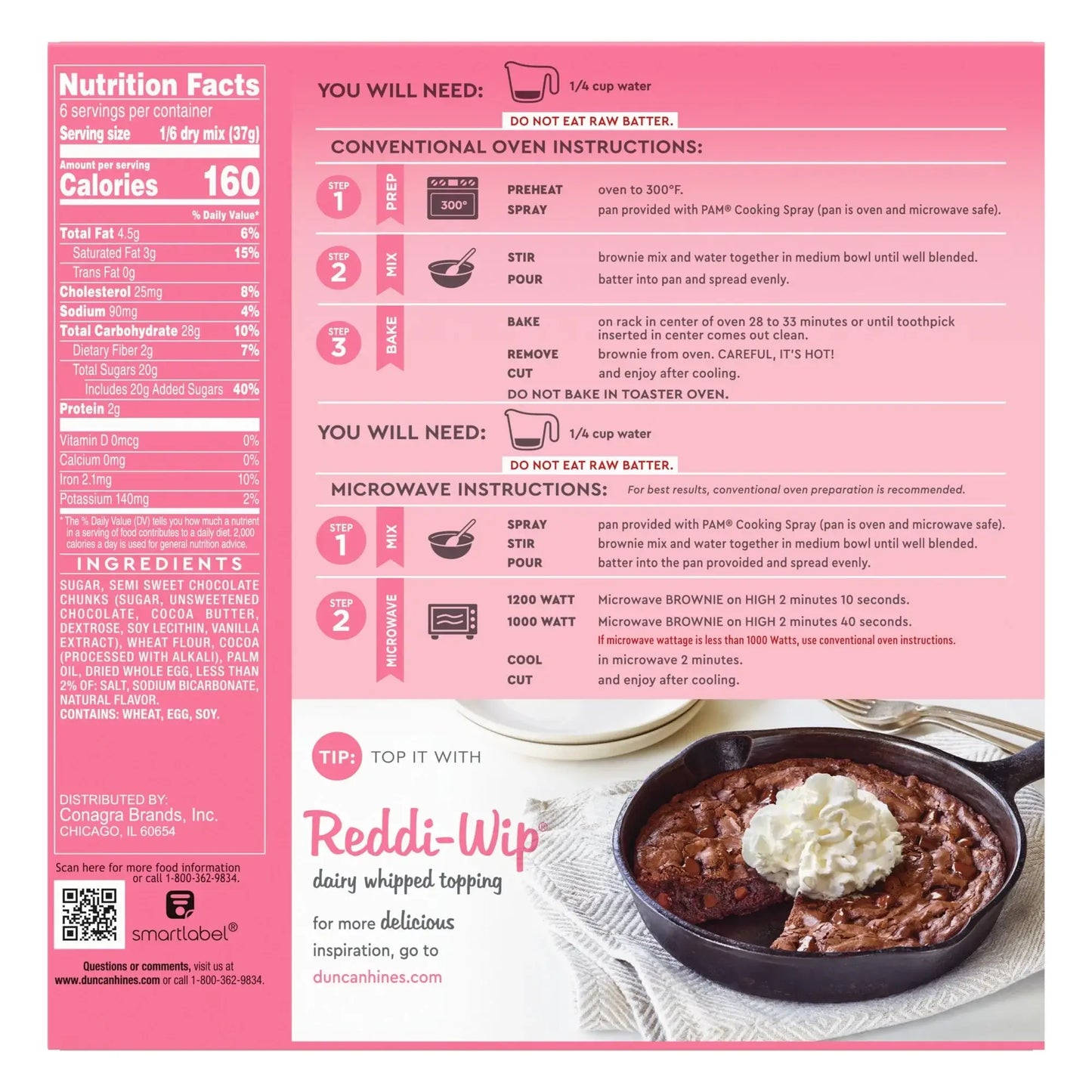Duncan Hines Mega Chewy Fudge Brownie Mix preparation instructions and nutrition facts, 7.2 oz box.