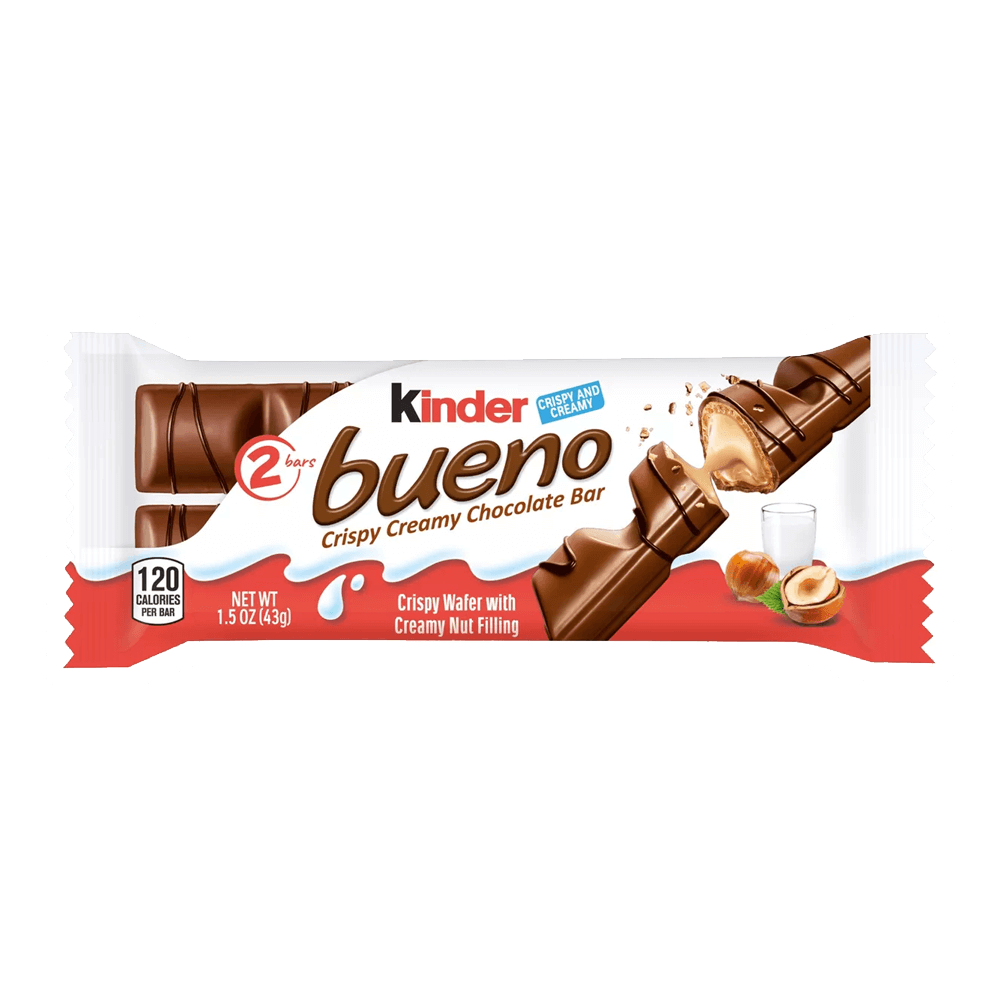 Kinder Bueno Hazelnut Chocolate Candy pack featuring two crispy creamy chocolate bars, 1.5oz, perfect for sharing.