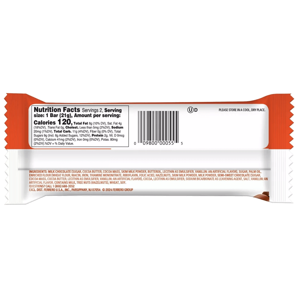 Nutrition facts label for Kinder Bueno hazelnut chocolate bar, detailing serving size and calories.