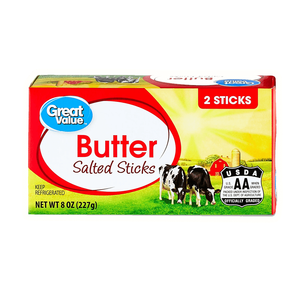 Great Value salted butter sticks, 8 oz, USDA Grade AA, ideal for spreading and cooking, 2 sticks per package.