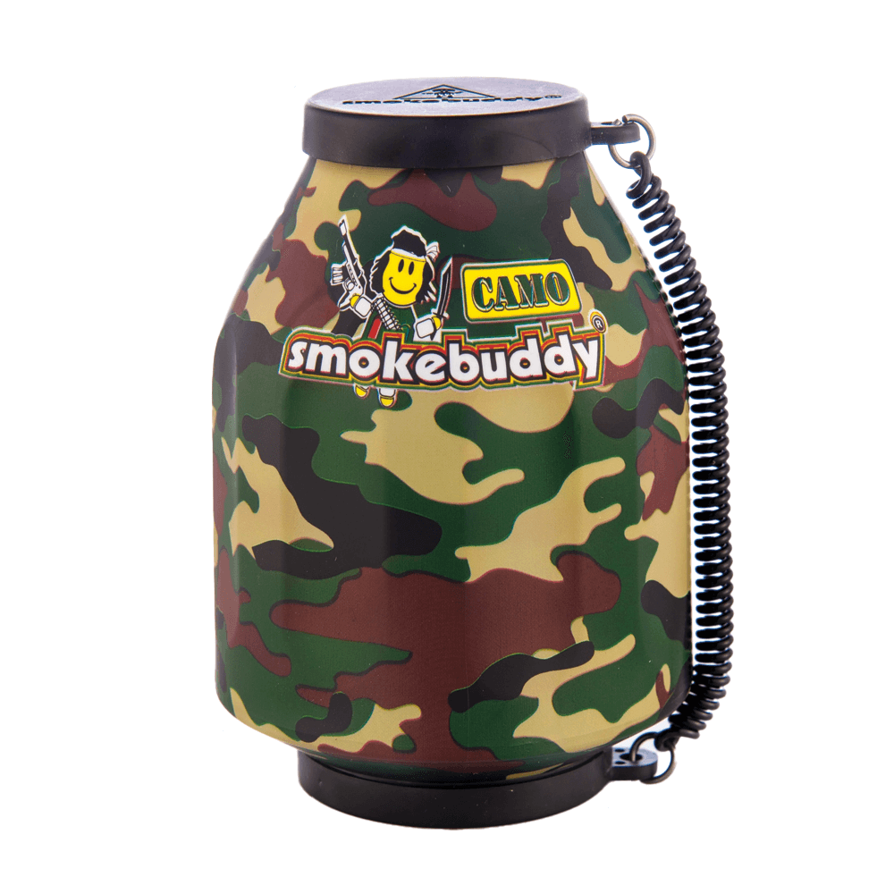 The Camo Smokebuddy Original Personal Air Filter by Vegas Party Favors is a compact, camouflage-colored cylindrical device with black caps and a coiled strap that ensures odorless air on-the-go.