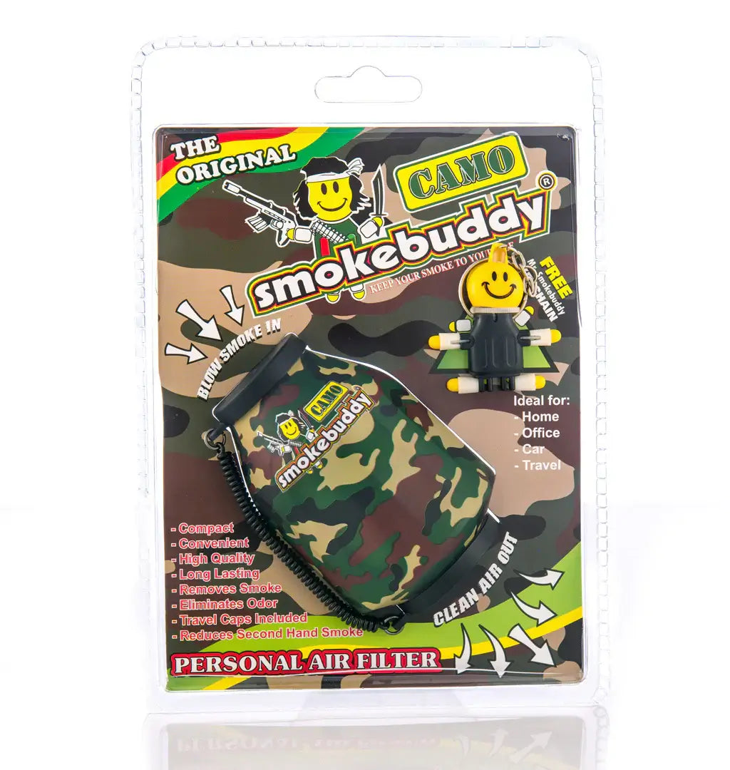The Camo Smokebuddy Original by Vegas Party Favors is a personal air filter with a small, smiling character, ideal for home, office, car, and travel. It reduces secondhand smoke and provides odorless air in a compact and convenient design.