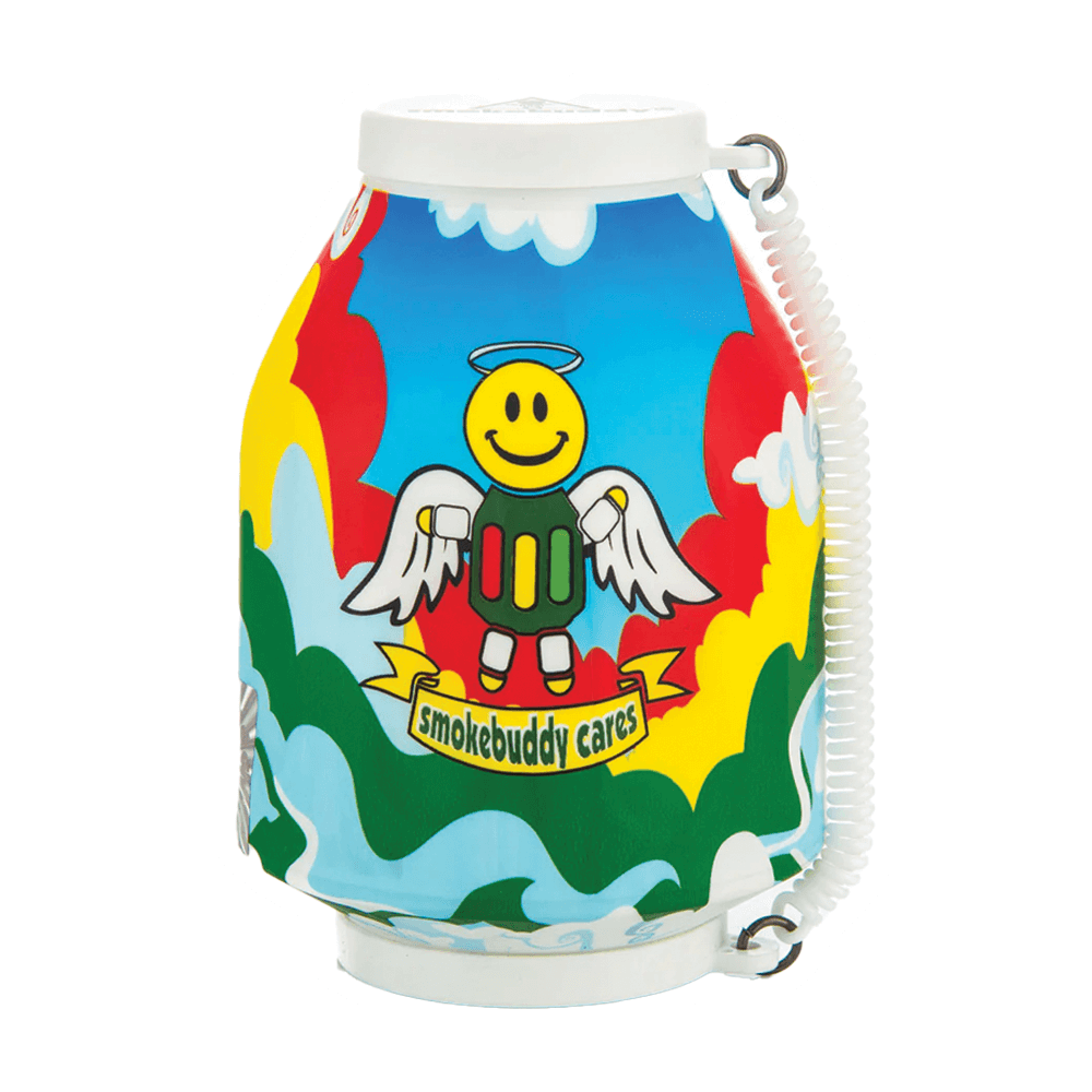 The Smokebuddy Cares Original Personal Air Filter by Vegas Party Favors showcases a cheerful winged smiley face logo and smokebuddy cares text. Featuring vibrant white clouds, along with red, blue, green sections, and a side handle, it effectively reduces secondhand smoke while keeping your space odorless.