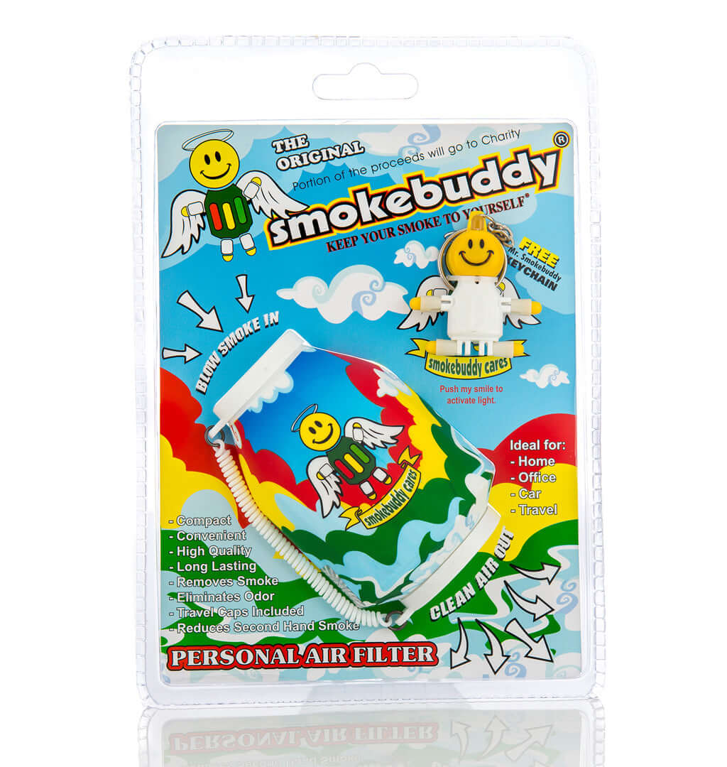 The Smokebuddy Cares Original Personal Air Filter by Vegas Party Favors features a colorful design and cartoon mascot, offering odorless air. This discreet, compact device eliminates smoke efficiently and includes a keychain accessory for convenience.