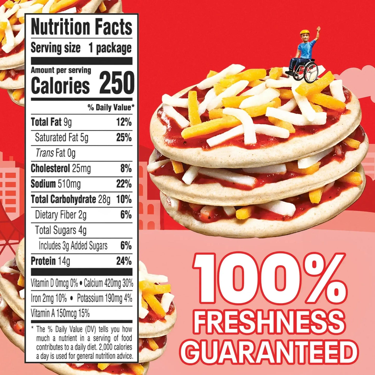 Nutrition facts for Lunchables Extra Cheesy Pizza, including calories, protein, and ingredients with freshness guarantee.