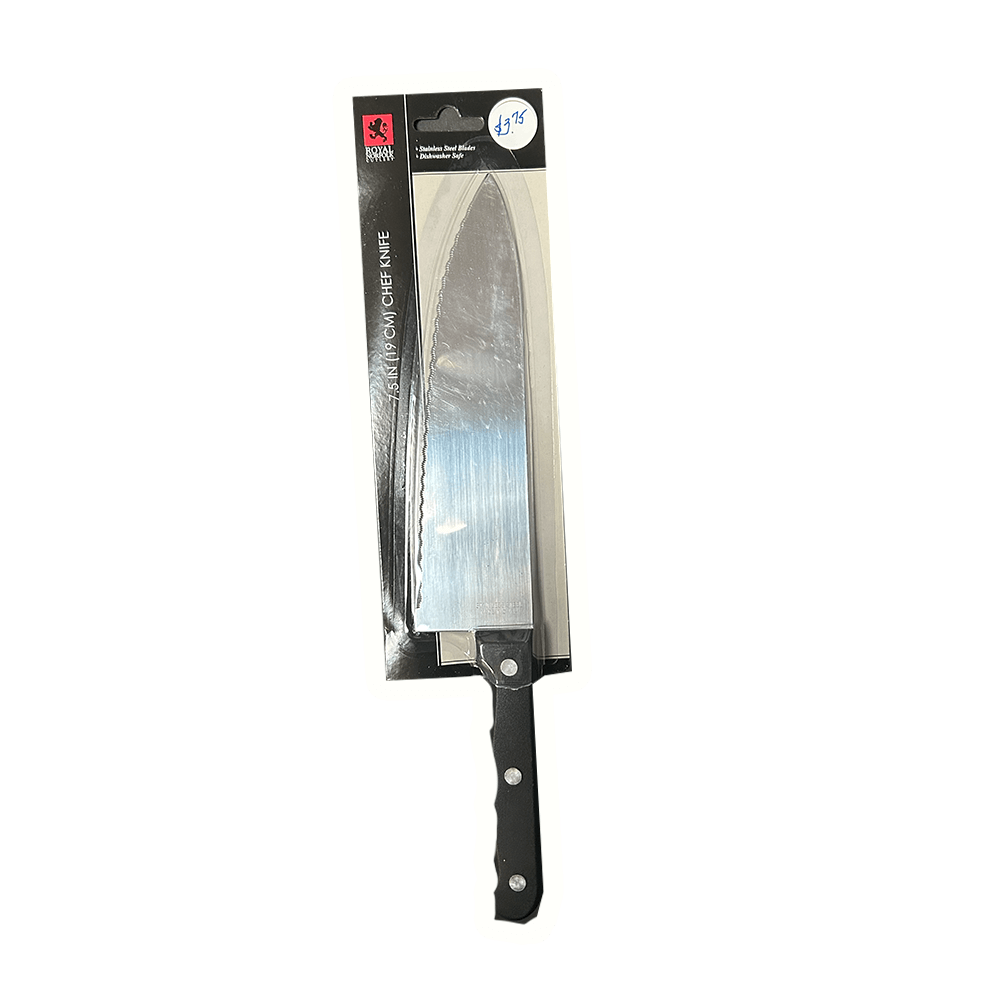 7.5-inch chef knife in packaging, featuring a stainless steel blade and ergonomic handle for precision cutting.