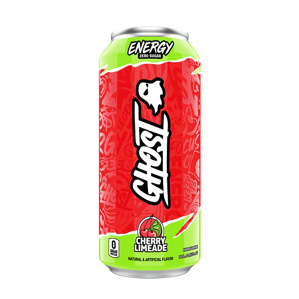 Ghost Energy drink can featuring Cherry Limeade flavor with zero sugar and vibrant red and green design.