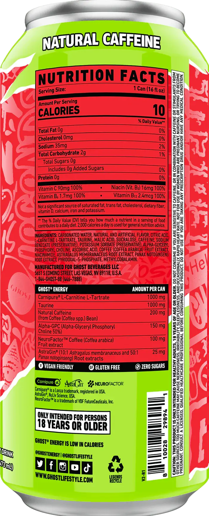 The image shows the back of a Ghost Sour Cherry Limeade Energy Drink can by Vegas Party Favors, featuring a green and red design. It highlights nutrition facts, ingredients, natural caffeine, zero sugar, 10 calories per serving, and is recommended for those aged 18 or older.