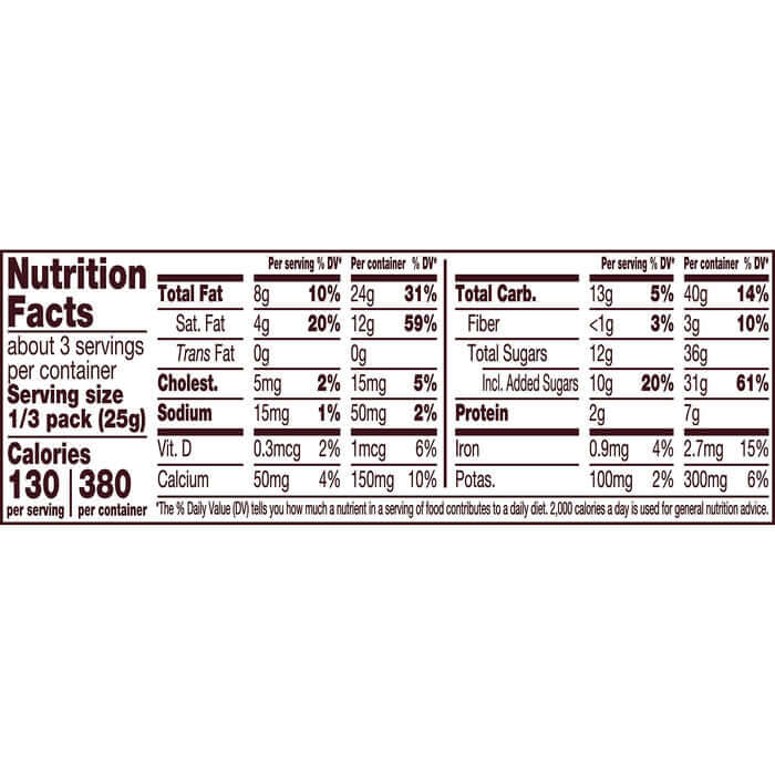 The nutrition facts for a Hershey Milk Chocolate with Whole Almonds Full Size Bar by Vegas Party Favors show a serving size of 1/3 pack (25g) detailing calories, fats, cholesterol, sodium, carbs, fiber, sugars, protein content and daily value percentages for a 2,000 calorie diet.