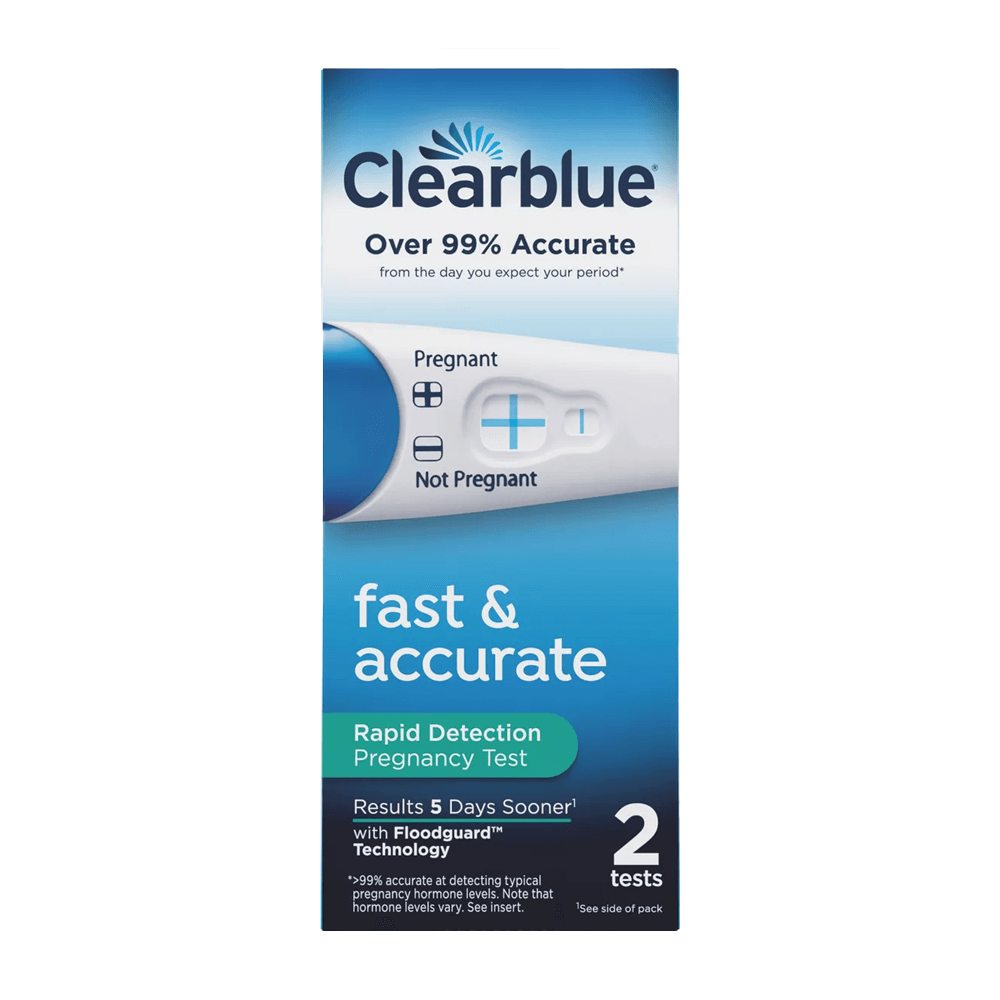 The image shows a Clearblue Rapid Detection Pregnancy Test - 2ct box, with over 99% accuracy and quick results using Floodguard Technology. The blue and white packaging from Vegas Party Favors includes two tests for reliability and peace of mind.