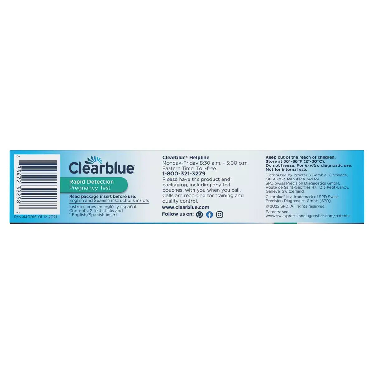 The image shows the back of a Clearblue Rapid Detection Pregnancy Test - 2ct box, noting its over 99% accuracy, with the Clearblue logo, instructions, contact info, and product details against a white and blue background. The brand name is Vegas Party Favors.