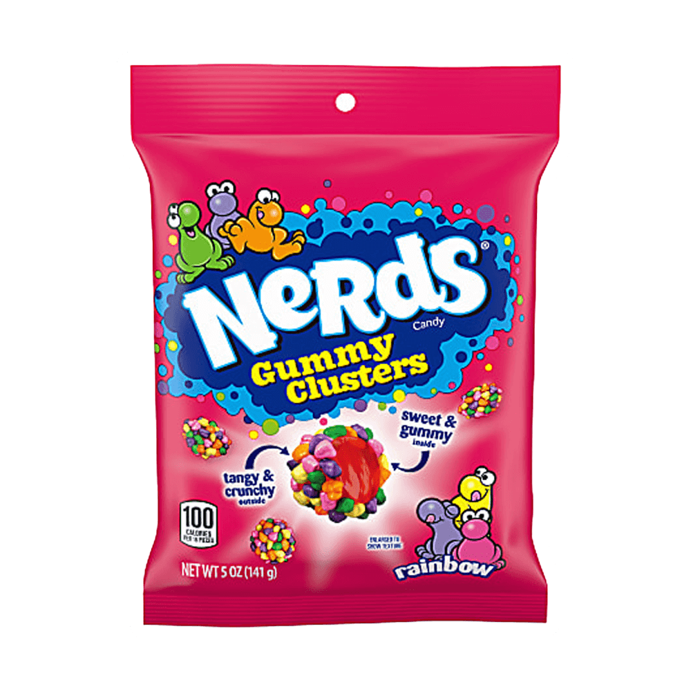 The 5 oz Nerds Gummy Clusters Peg Bag by Vegas Party Favors features bite-sized clusters with a Sweet & Gummy Inside, Tangy & Crunchy Outside tag. The colorful pink packaging showcases cartoon characters and candies with fruity gummy centers bursting with flavor, labeled Rainbow.