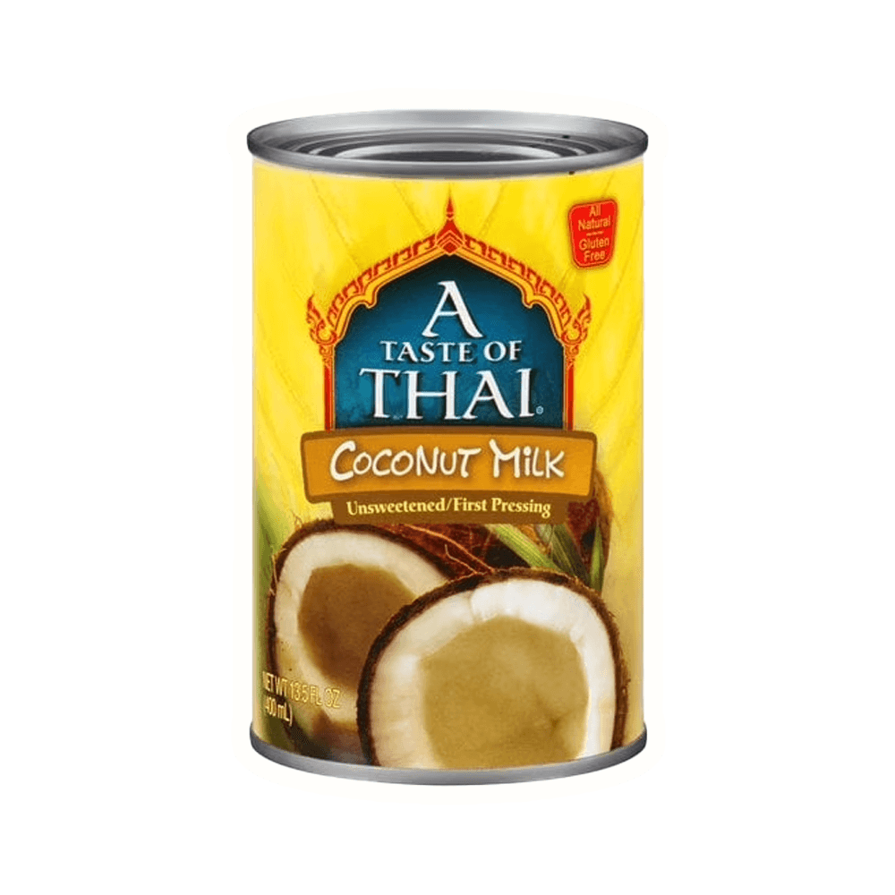 Can of A Taste of Thai Coconut Milk, unsweetened, 13.5 fl oz, featuring natural ingredients and gluten-free label.