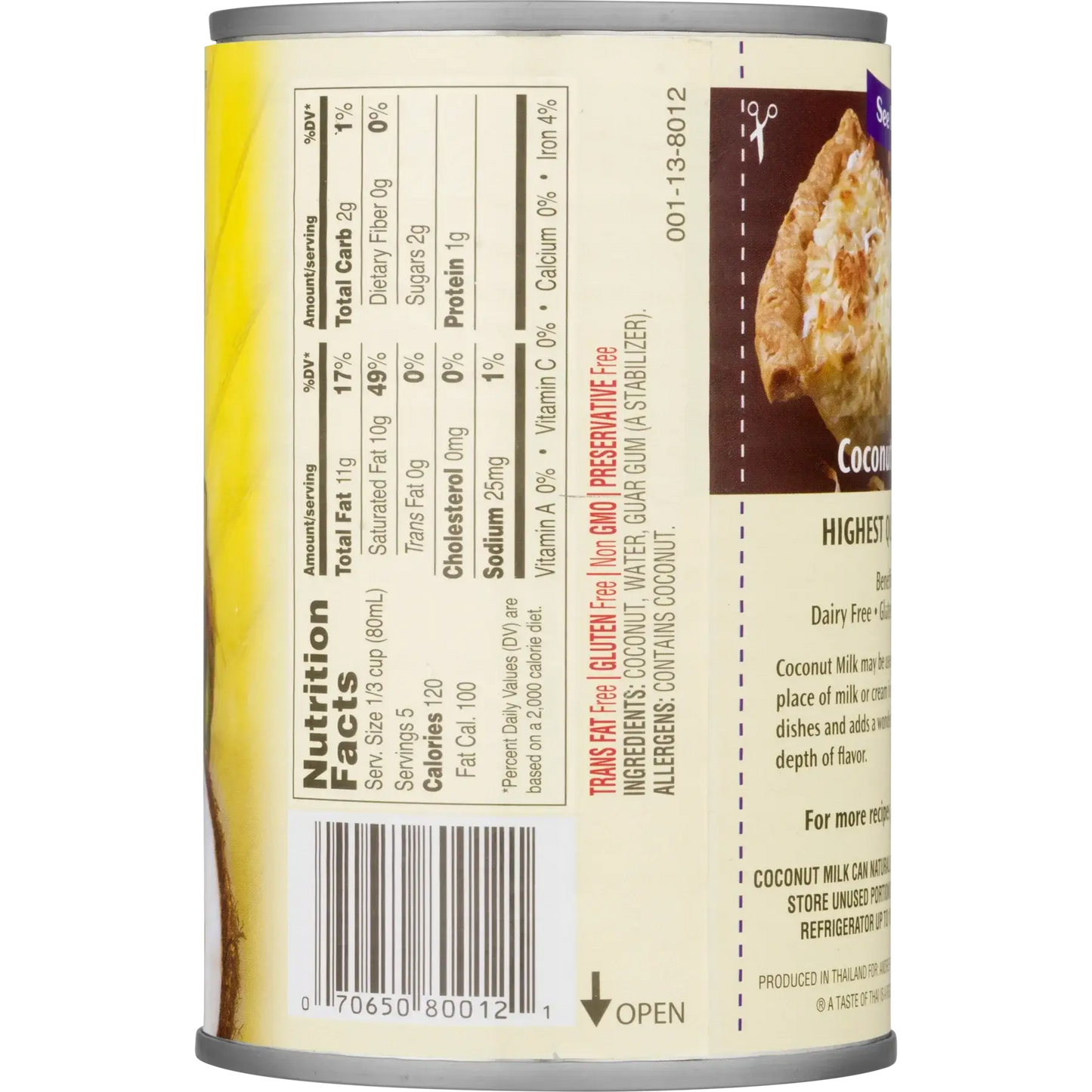 Nutrition label for A Taste of Thai Coconut Milk, highlighting all-natural, gluten-free, and preservative-free ingredients.