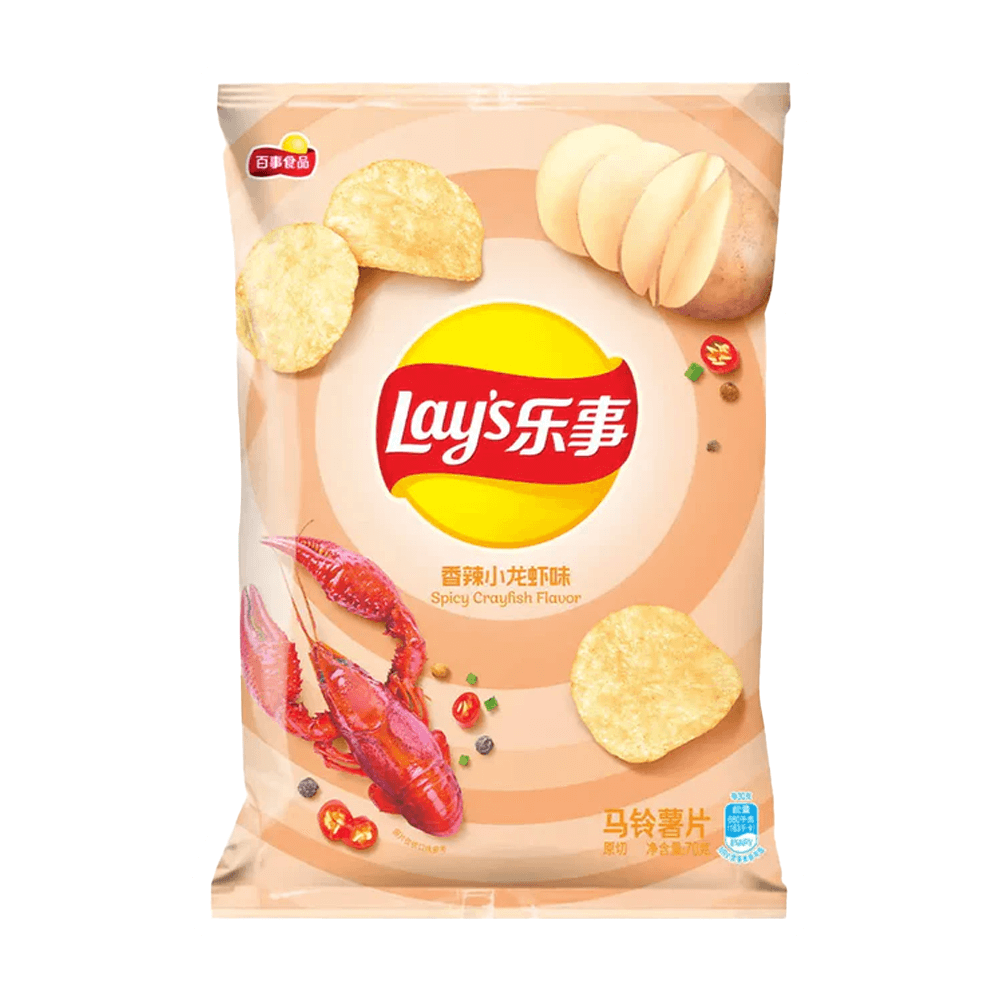 Lay's Spicy Crayfish Potato Chips packaging featuring crispy chips and crayfish, 70g bag for bold snacking.