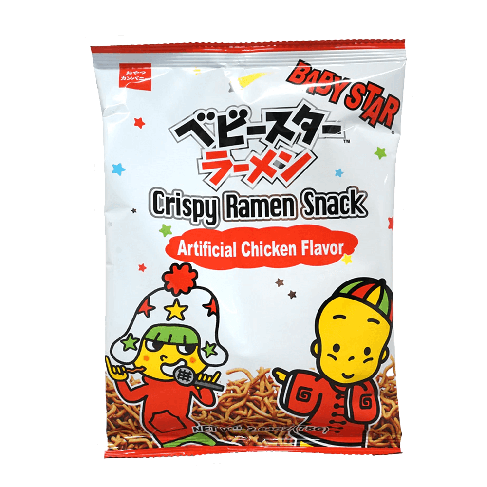 Baby Star Crispy Ramen Snack in Chicken Flavor packaging, showcasing colorful characters and savory goodness for snacking.