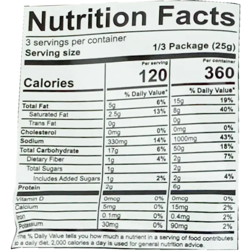 Nutrition facts for Baby Star Crispy Ramen Snack, showing calories and nutrients per serving.