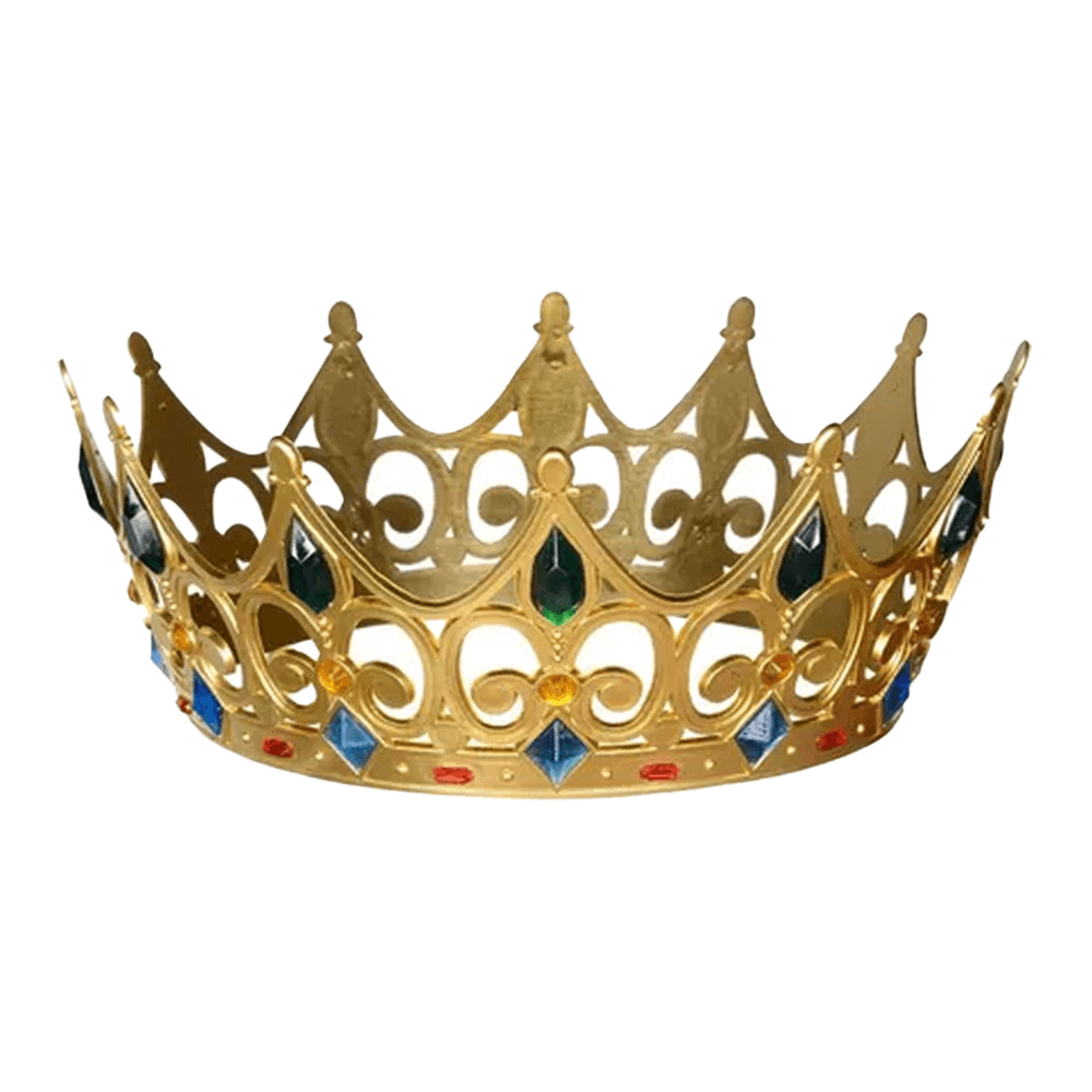 The Regal Crown by Vegas Party Favors features a golden plastic design with multicolor jewel accents and intricate pointed arches, exuding a royal look.
