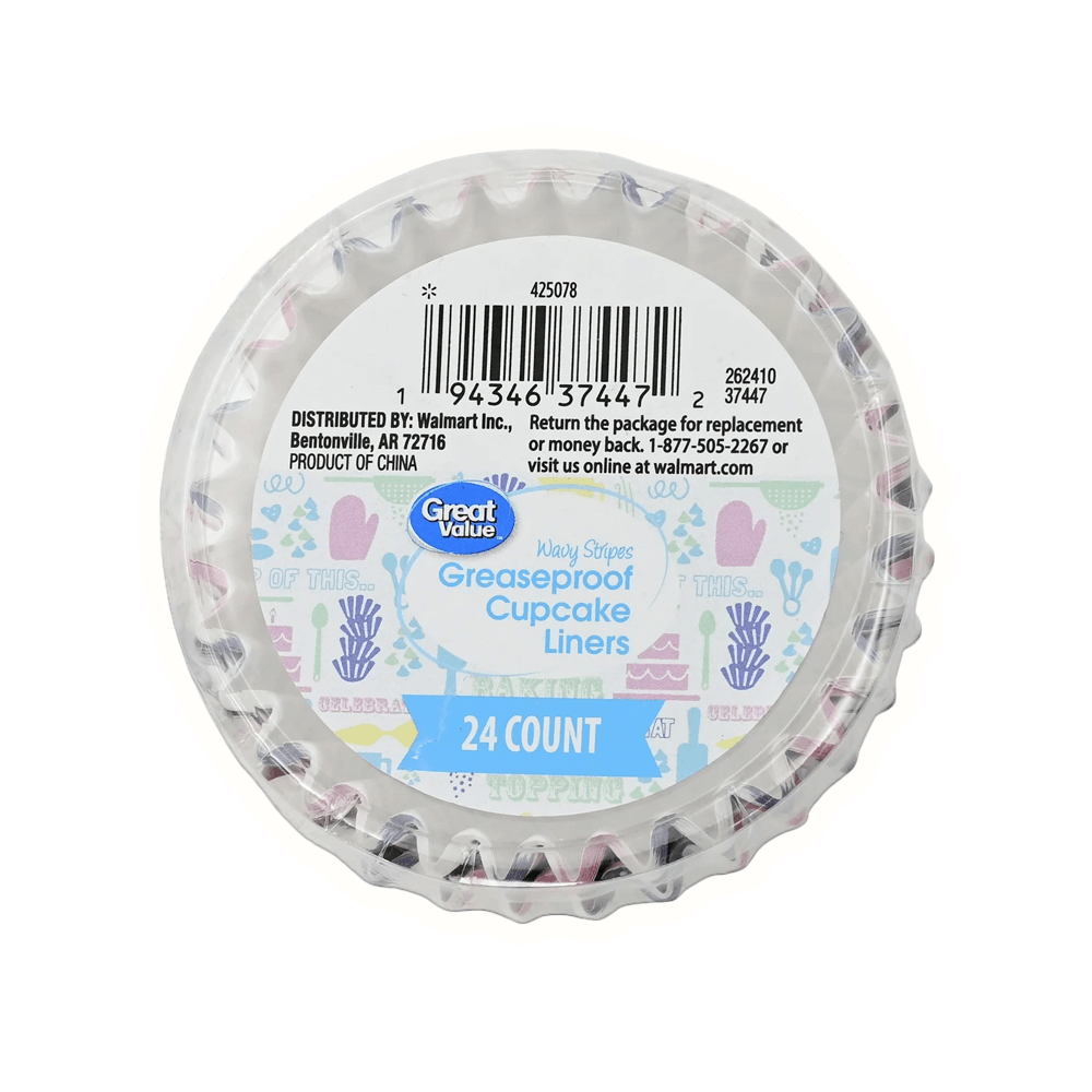 24-pack greaseproof cupcake liners with wavy stripe design, ideal for cupcakes and mini cheesecakes.