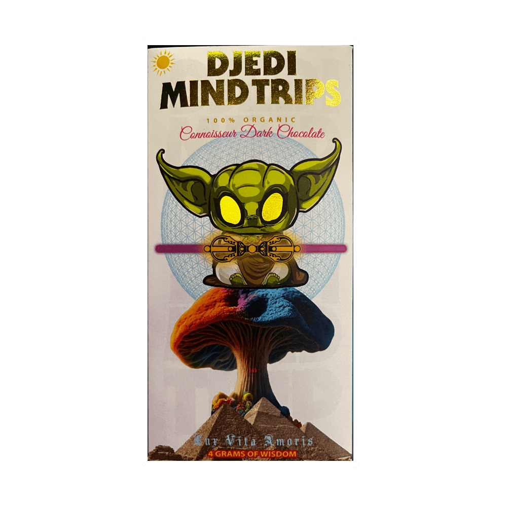 Djedi Mind Trips Dark Chocolate bar featuring extraterrestrial character and vibrant mushroom, 100% organic, 4 grams of wisdom.