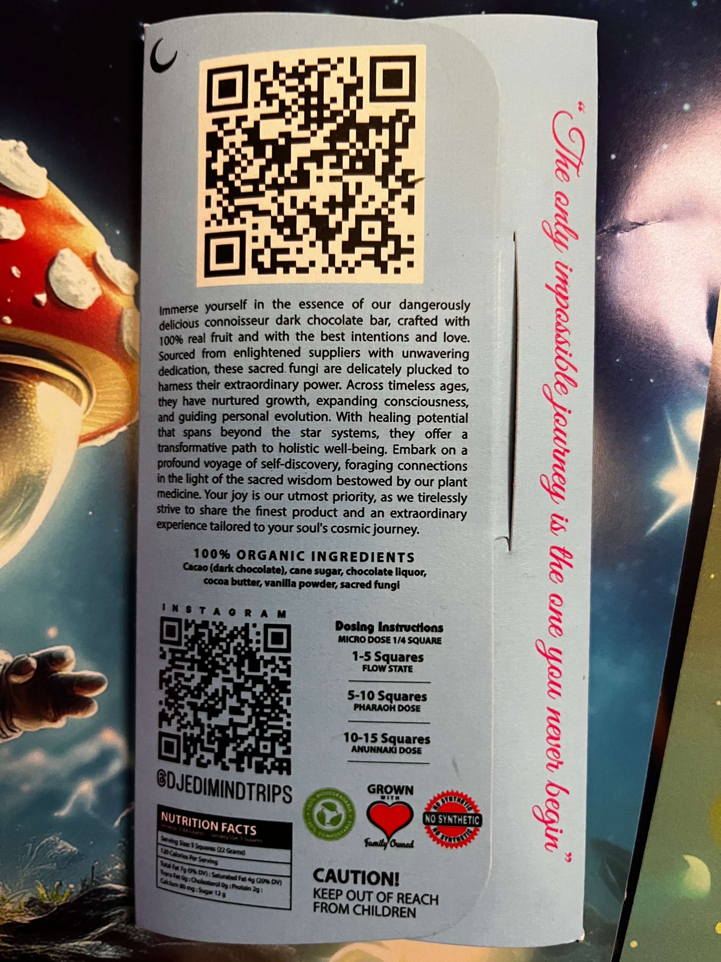 Djedi Mind Trips packaging featuring QR code, organic ingredients, and instructions for dark chocolate infused with sacred fungi.