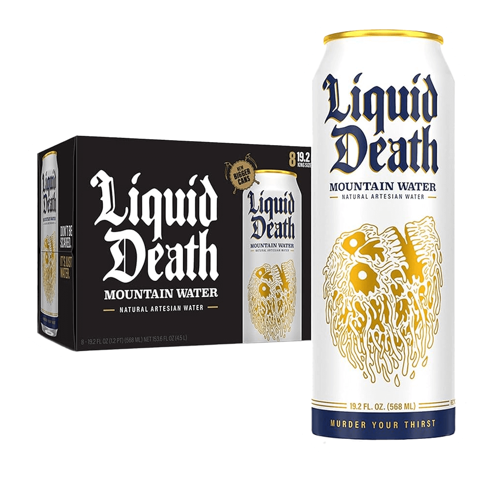 The Liquid Death 19.2 oz King Size Can by Vegas Party Favors showcases a tall can with a bold skull design beside an eight-pack box, highlighting natural artesian water. Its tagline invites you to murder your thirst with added electrolytes for ultimate refreshment.