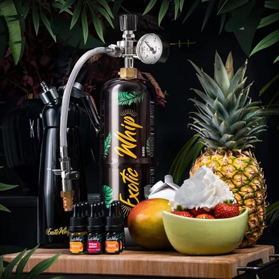 Exotic Whip cream charger and dispenser surrounded by fresh fruits and flavorings, showcasing ultimate whipping quality.
