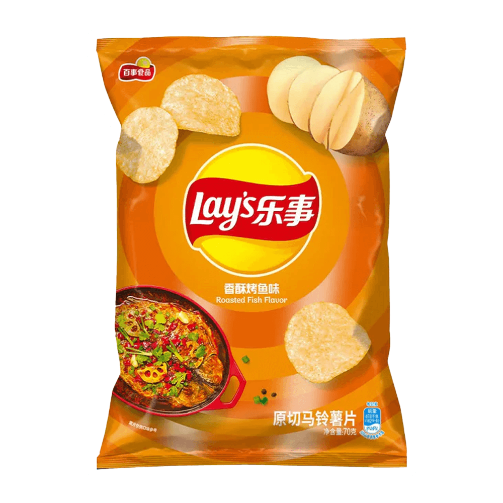 Lay's Roasted Fish Flavor Potato Chips 70g bag with crispy chips and flavor illustration.