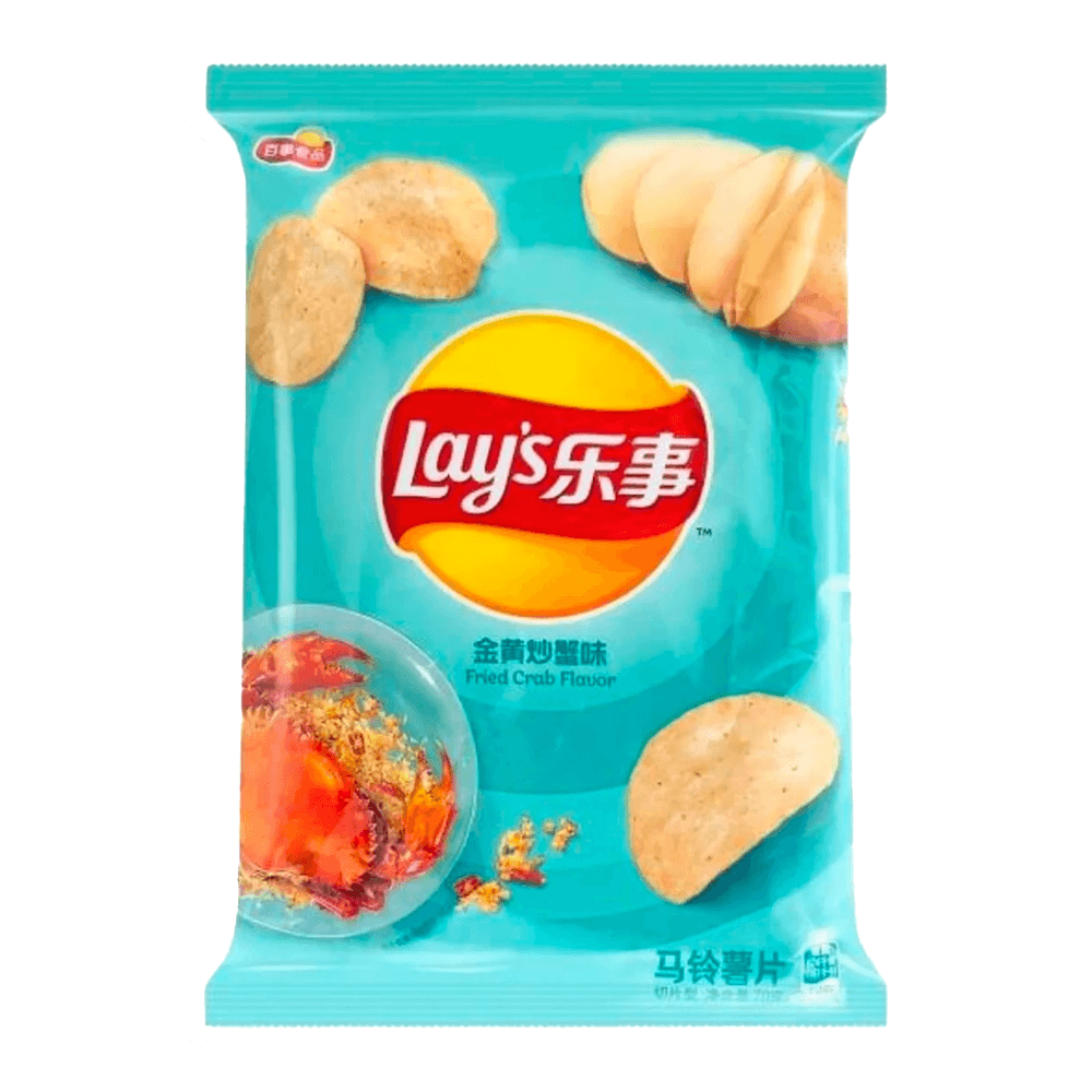 Lay's Fried Crab Flavor Potato Chips - 70g packaging featuring crispy chips and seafood imagery.