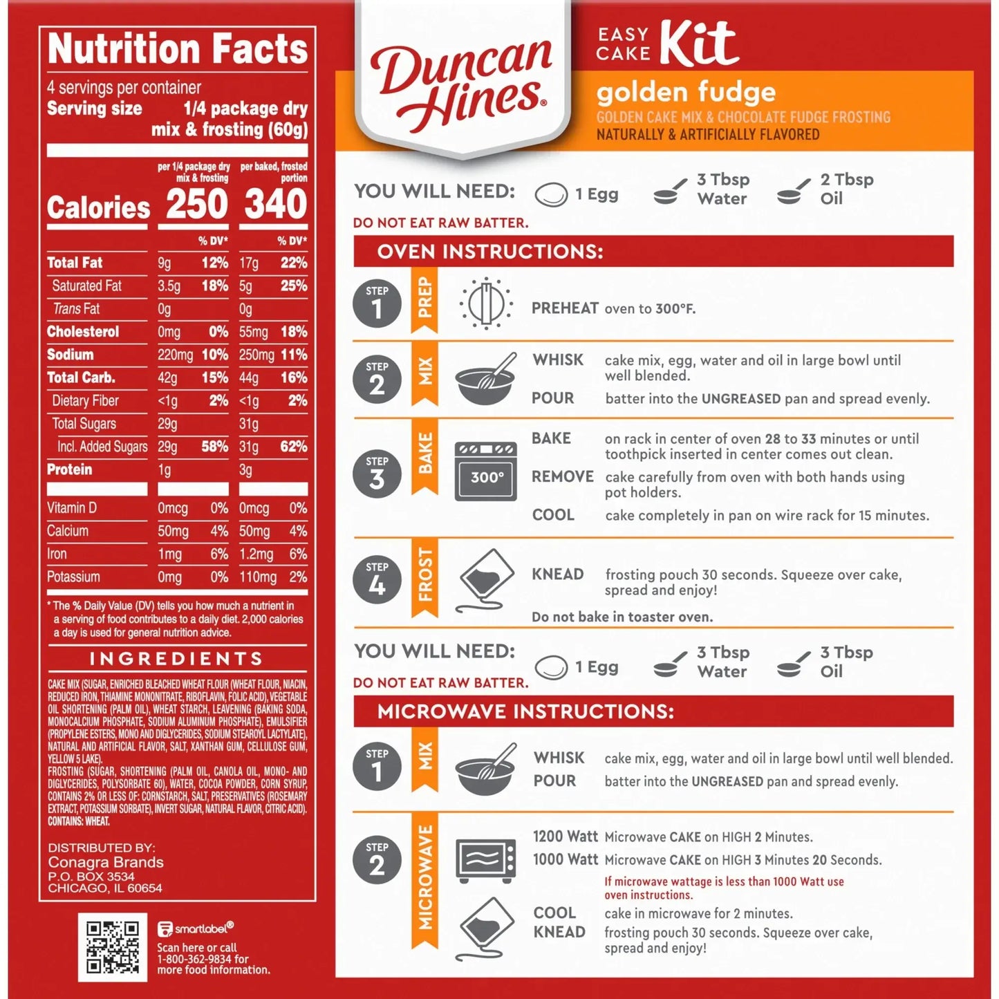 Duncan Hines Easy Cake Kit Golden Fudge Cake Mix nutritional information and instructions for easy baking.