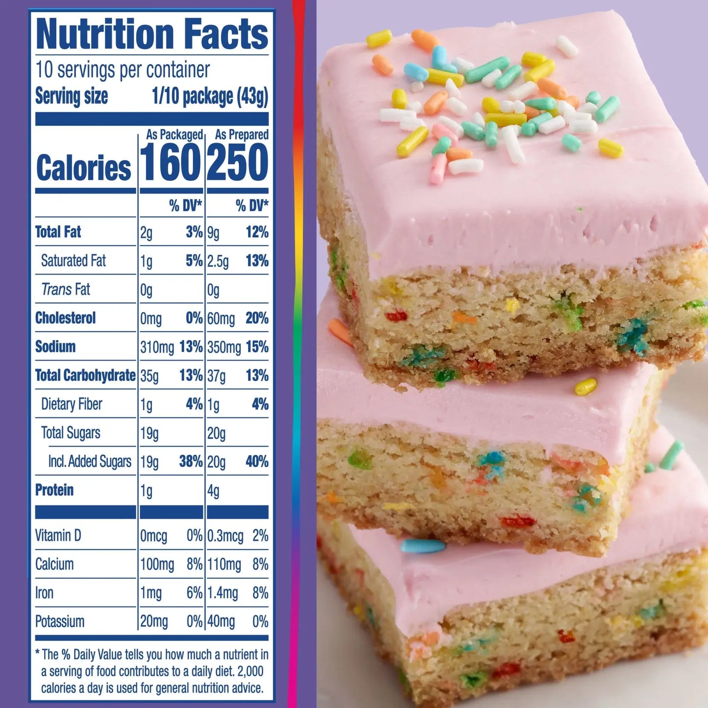 Nutrition facts for Pillsbury Funfetti cake mix, highlighting calories, serving size, and ingredients for colorful sheet cake.