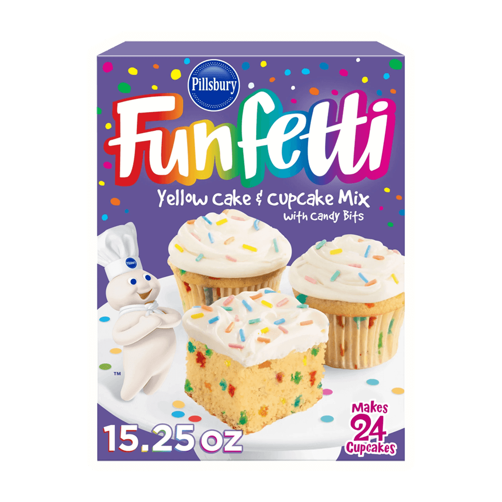 Pillsbury Funfetti Yellow Cake Mix with Candy Bits box showcasing cupcakes, makes 24 cupcakes, 15.25 oz.
