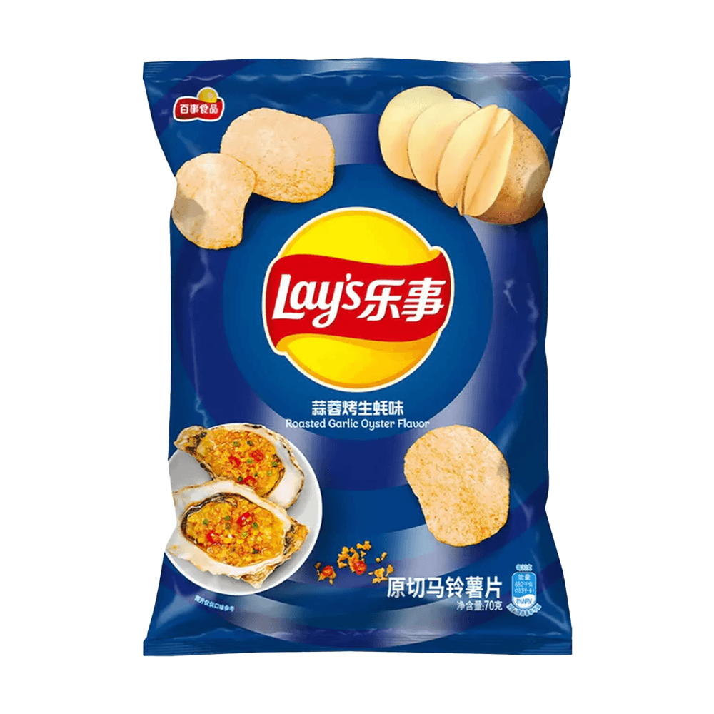 Lay's Roasted Garlic Oyster Flavor Potato Chips, 70g packaging featuring crispy chips and oyster imagery.