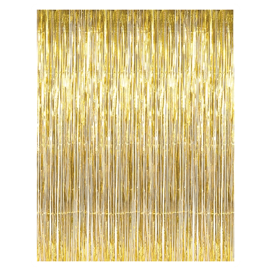 The Vegas Party Favors GOER Metallic Tinsel Foil Fringe Curtains, measuring 6.4 ft x 9.8 ft, hang vertically as a sparkling party backdrop. With closely arranged golden strands, this pack of 2 enhances any event with a festive and glamorous appearance ideal for birthdays or New Year celebrations.