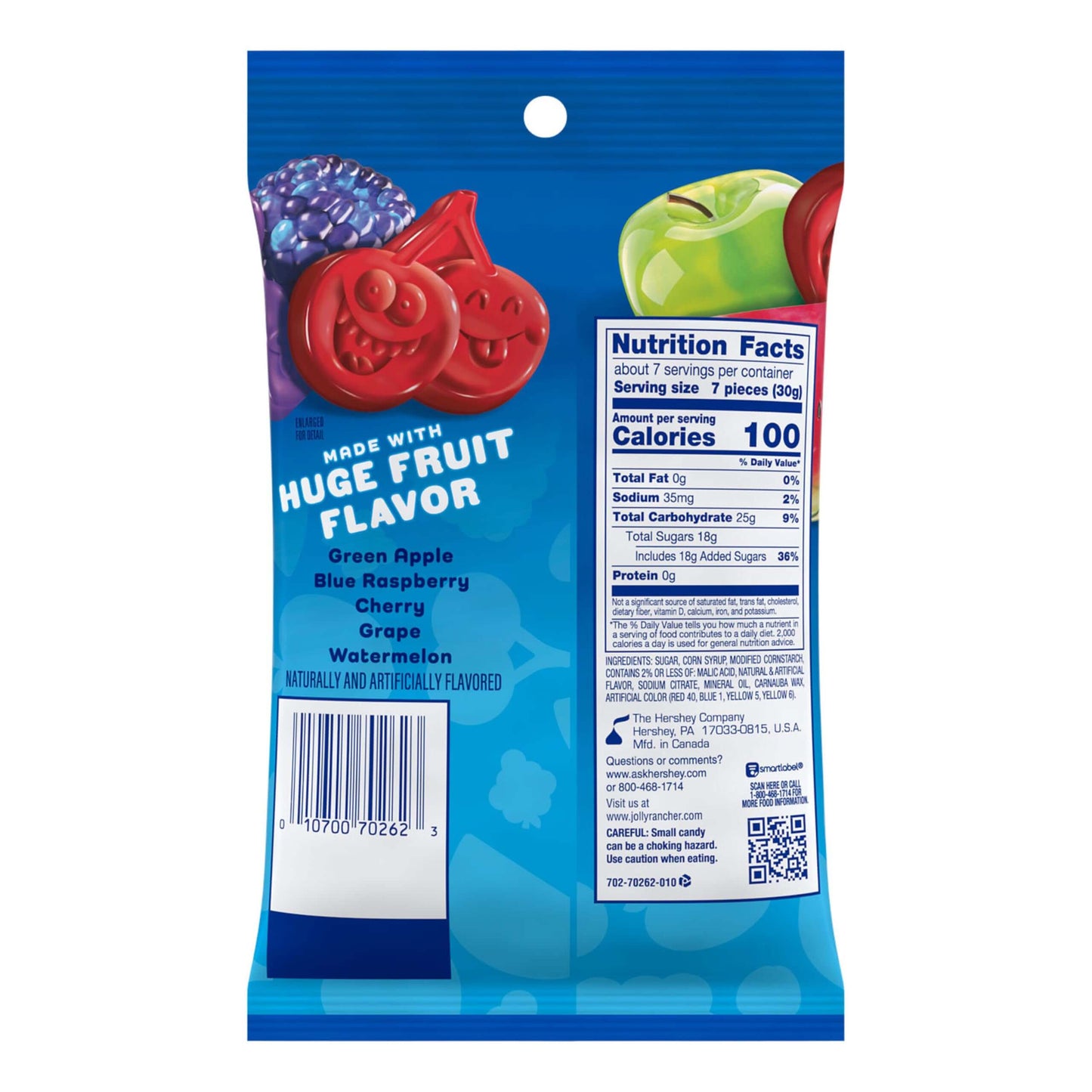 Vegas Party Favors Jolly Rancher Gummies 7oz package, titled Huge Fruit Flavor, contains fruit-shaped candies in blue raspberry, green apple, cherry, grape, and watermelon flavors. The back highlights natural and artificial flavors alongside nutrition facts and ingredients.