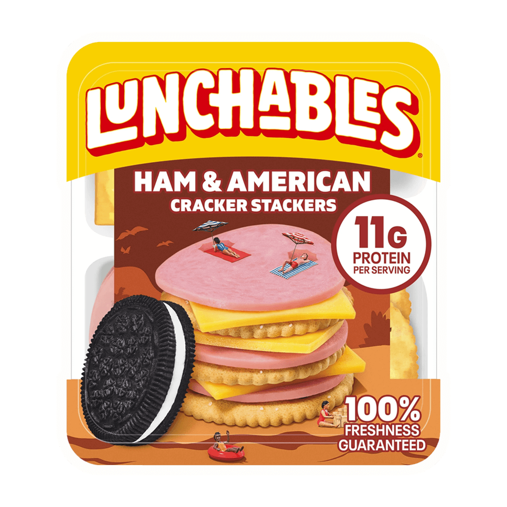 Lunchables Ham & American Cheese Cracker Stackers Snack Kit with chocolate creme cookies, 3.2 oz tray.