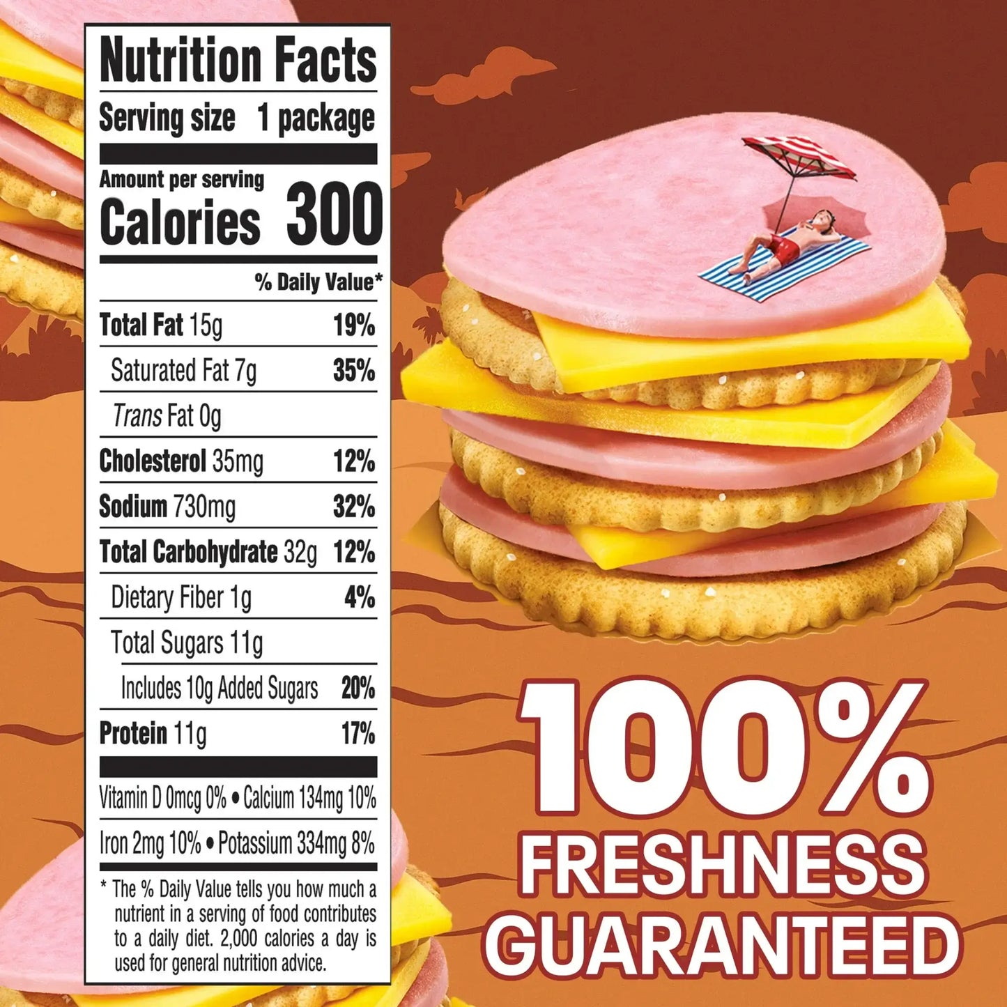 Nutrition facts for Lunchables Ham & American Cheese Cracker Stackers, highlighting calories and freshness guarantee.