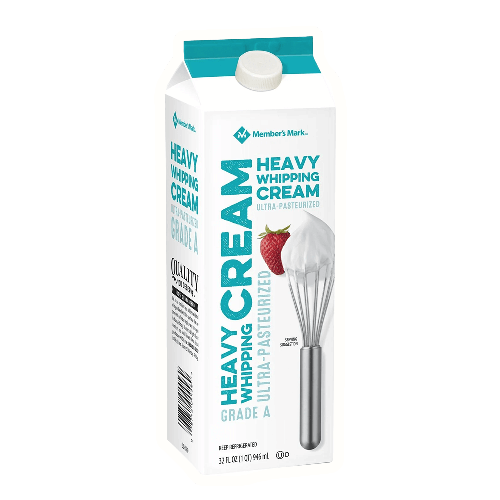Member's Mark Heavy Whipping Cream, 32 fl. oz., Grade A, ultra-pasteurized carton with a whisk and strawberry.